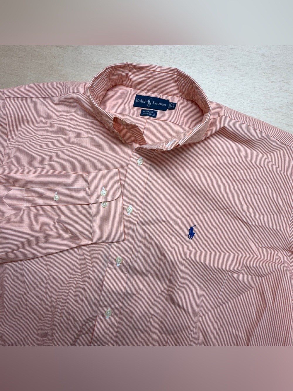 Ralph Lauren Yarmouth Shirt Men 17.5 34/35 Orange White Striped Button Down